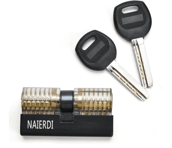 A Clear Practice 7 Pin Dimple Lock with Cover 2 Sided and a set of keys for 2 Sided practice, both with the word nafron.
