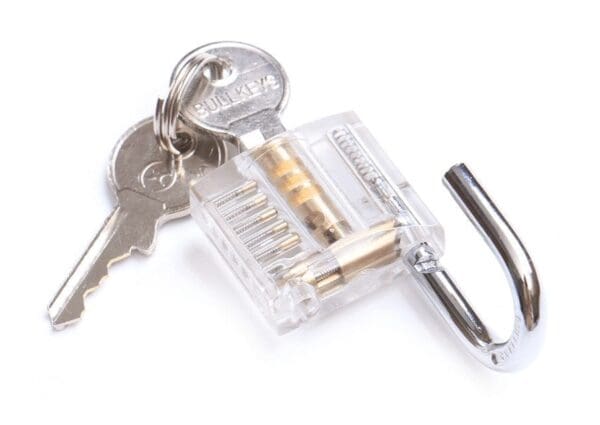 A small Clear Practice Padlock (Small) holder with a lock attached to it.