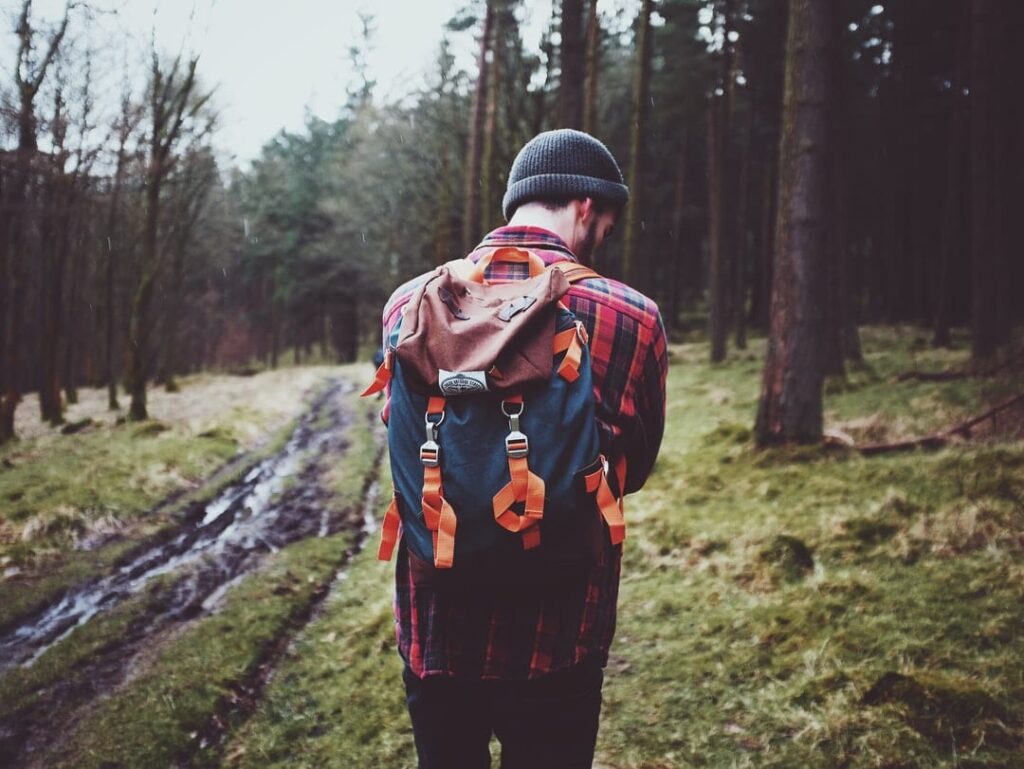Hopeful man walking in forest