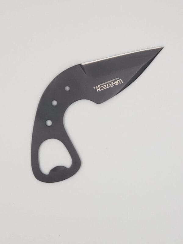 A Wartech Black Reverse Blade Neck Knife with Bottle Opener on a white surface.