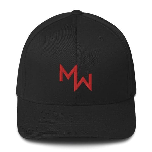 A Modern Warrior Flex Fit Structured Twill Cap, featuring the letter "m" on it.