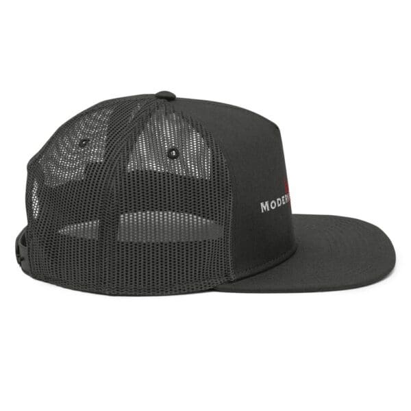 A Modern Warrior Mesh Snapback trucker hat with a red logo, featuring a mesh snapback design.