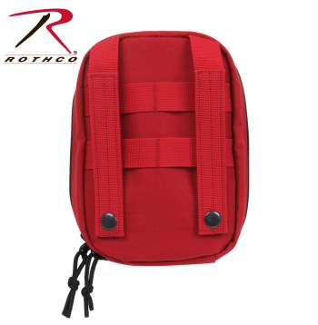 A red medical pouch on a white background, featuring the MOLLE Tactical Trauma Kit in black.