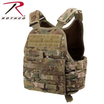 A multicam Rothco MOLLE Plate Carrier Vest (Multiple Pattern Choices) on a white background.