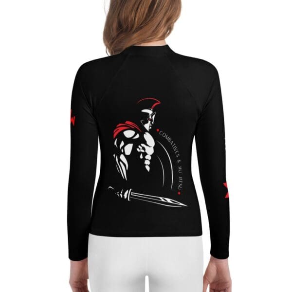 A MW Combatives Youth Rash Guard featuring the back of a women's long-sleeved rash guard with an image of a spartan.