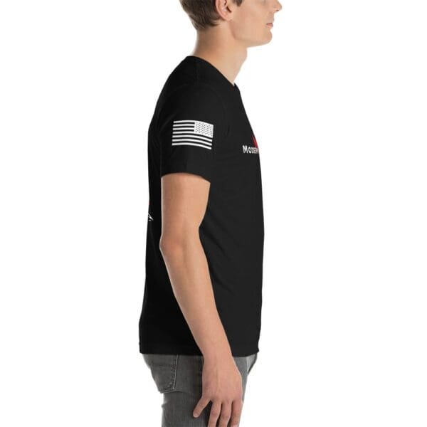 man, black MW Combatives T-shirt w/Sleeve Design, American flag