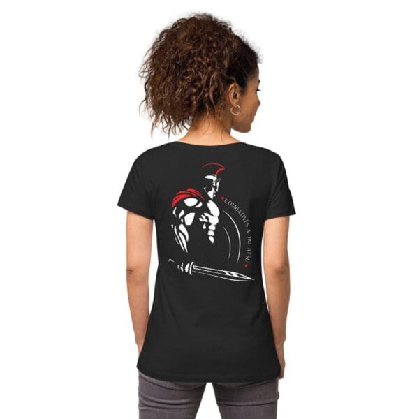 A MW Combatives Women’s fitted V-neck T with a skull and crossbones on it.