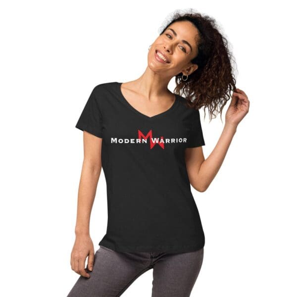 A woman wearing a MW Combatives Women's fitted V-neck T-shirt with the phrase "modern warrior" in black.