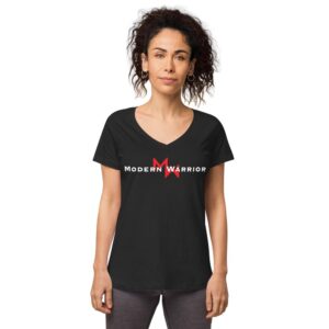 Women's black MW Combatives Women’s fitted V-neck T with red logo.