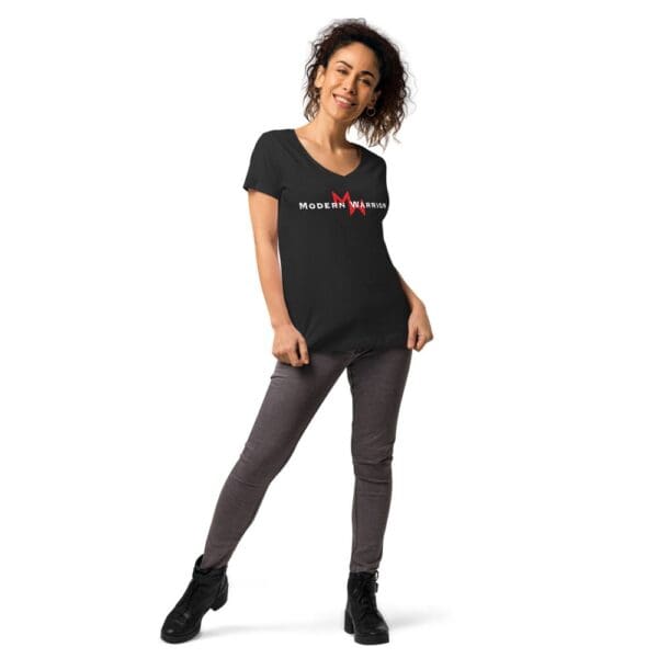 A woman wearing a MW Combatives Women’s fitted V-neck T black t-shirt.