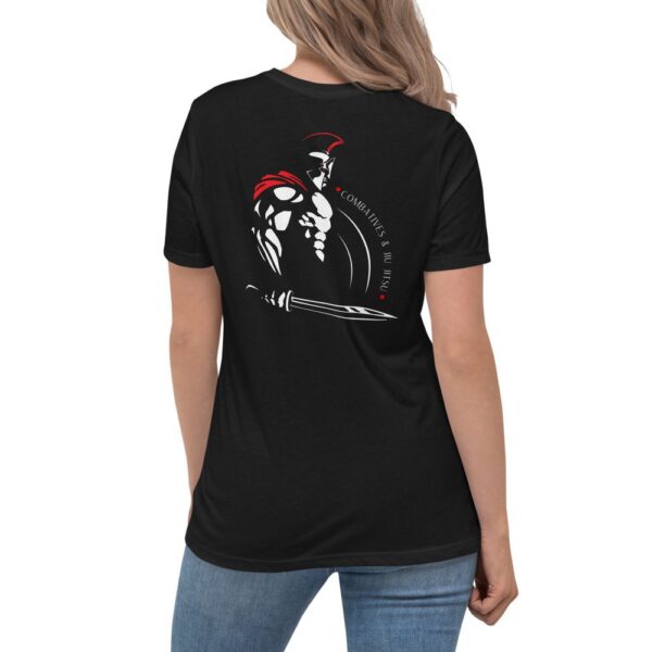 A MW Combatives women's relaxed t-shirt featuring an image of a woman holding a sword.