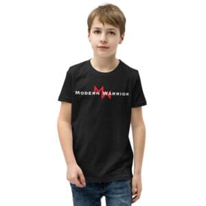 A youth donning a MW Combatives Youth Short Sleeve T-Shirt.