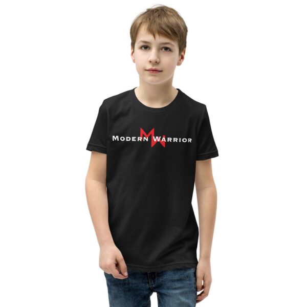 A youth donning a MW Combatives Youth Short Sleeve T-Shirt.