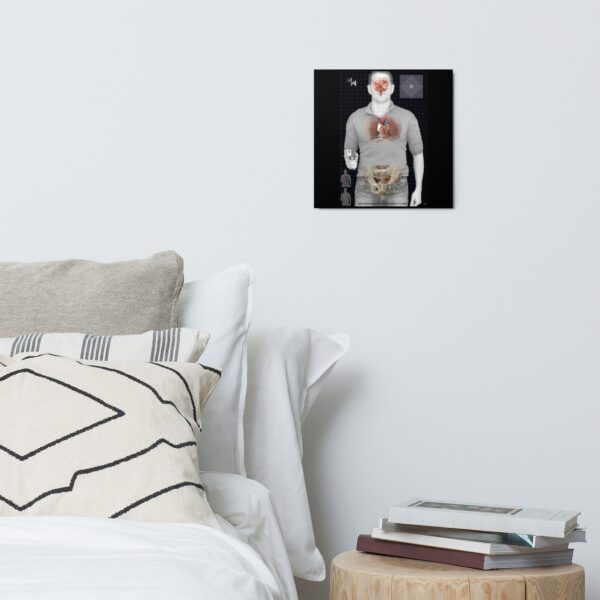 A bed with pillows and T1 Target Metal prints featuring a man in a white shirt.