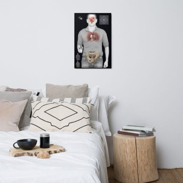A bed adorned with T1 Target Metal prints of a man on the wall.