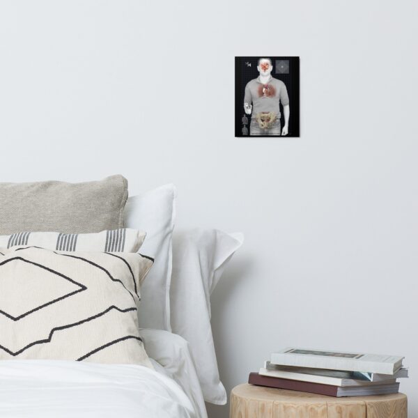 A bed with T1 Target Metal prints of a man on the wall.