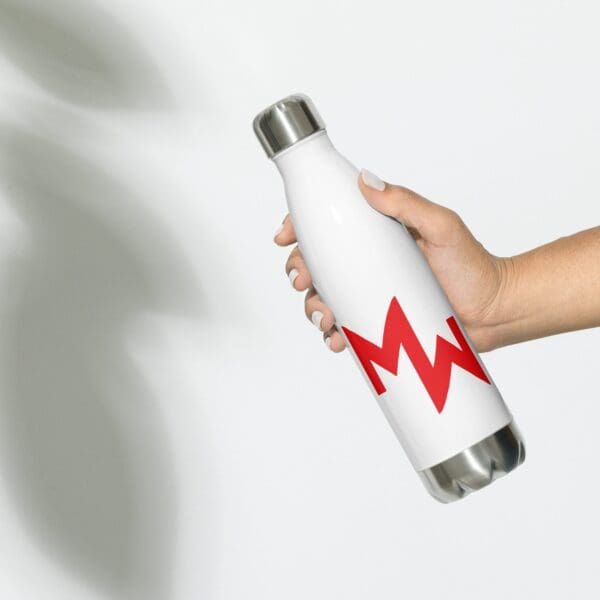 A person holding a MW Stainless Steel Water Bottle.