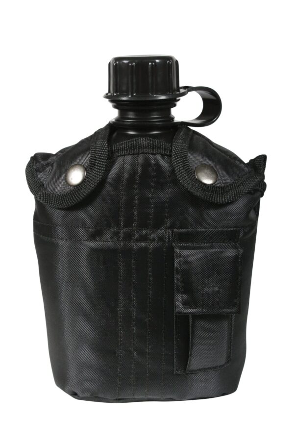 A black water bottle with a handle.