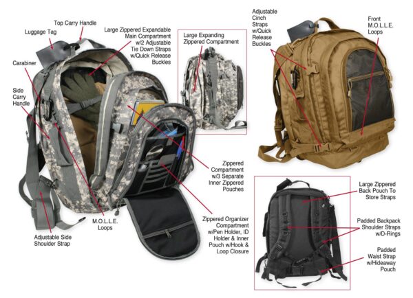 A tactical backpack with various compartments and features, made by Rothco in ACU Digital Pattern.