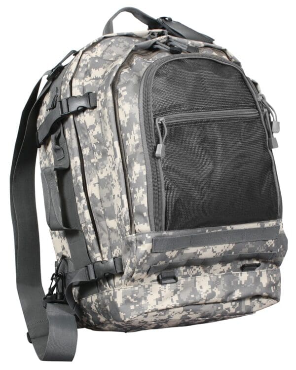 A Rothco backpack in ACU digital pattern, showcased on a white background.