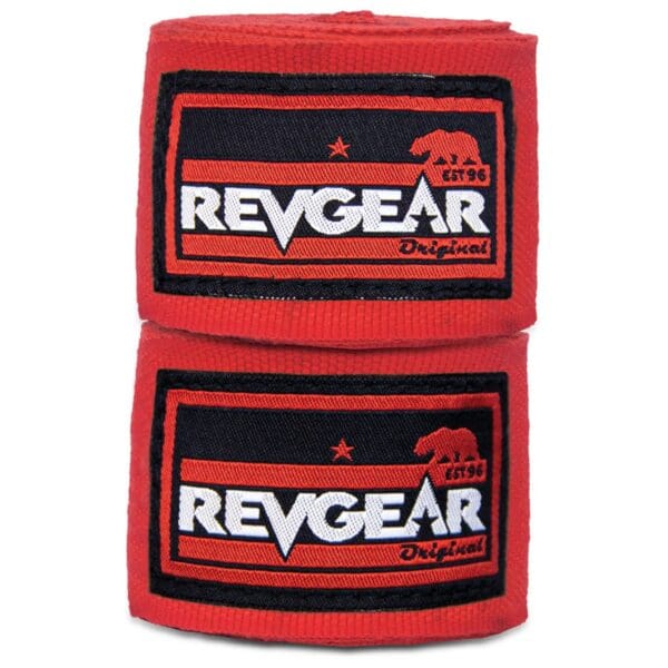 red REVGEAR PRO SERIES ELASTIC HAND WRAPS WITH FULL WIDTH ANTI-LIFT ENCLOSURE 2X 120, re gear logo