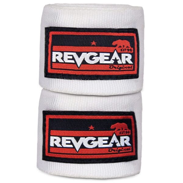 white, REVGEAR PRO SERIES ELASTIC HAND WRAPS  WITH FULL WIDTH ANTI-LIFT ENCLOSURE  2X 120 wristbands, logo