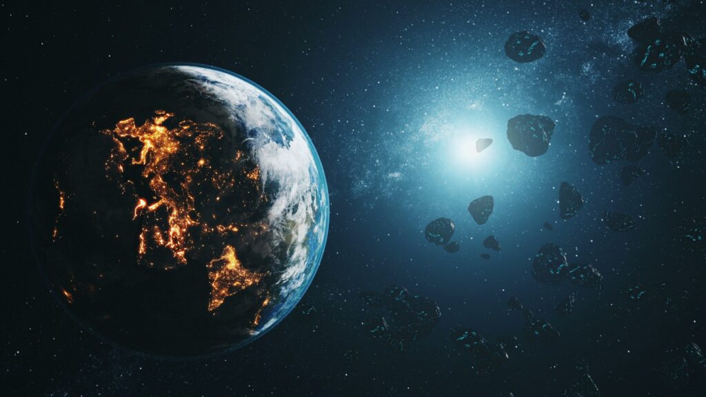 black asteroids fly by realistic planet Earth