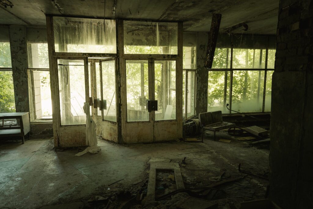 Entrance Doors at the reception of Pripyat Hospital - Pripyat, Chernobyl Exclusion Zone, Ukraine