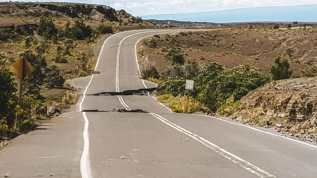Road damage in volcano national park