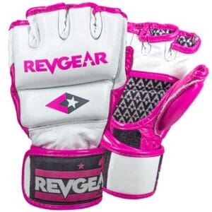 Pink, REVGEAR PRO SERIES DELUXE PRO LEATHER MMA GEL SPARRING GLOVES - WHITE/PINK MMA gloves.