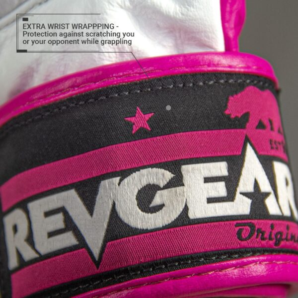Close up, Revgear Pro Series Deluxe Pro Leather MMA Gel Sparring Gloves - White/Pink.