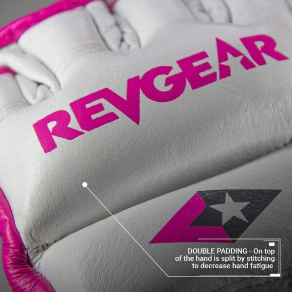 The boxing gloves, REVGEAR PRO SERIES DELUXE PRO LEATHER MMA GEL SPARRING GLOVES - WHITE/PINK.