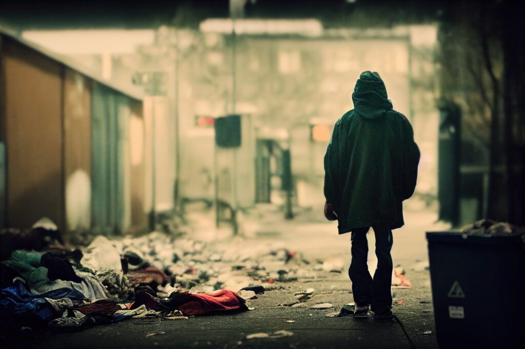 A homeless man is standing in the middle of a street littered with garbage. Urban poverty and