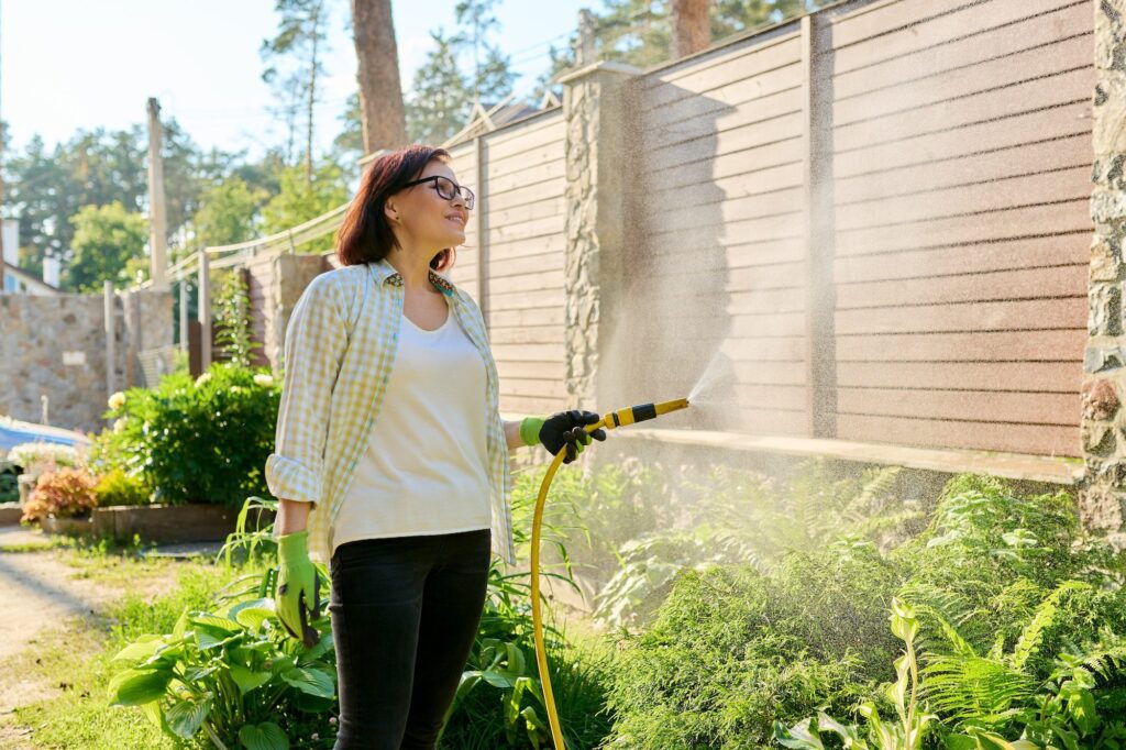 Woman watering flowerbeds with a hose in garden