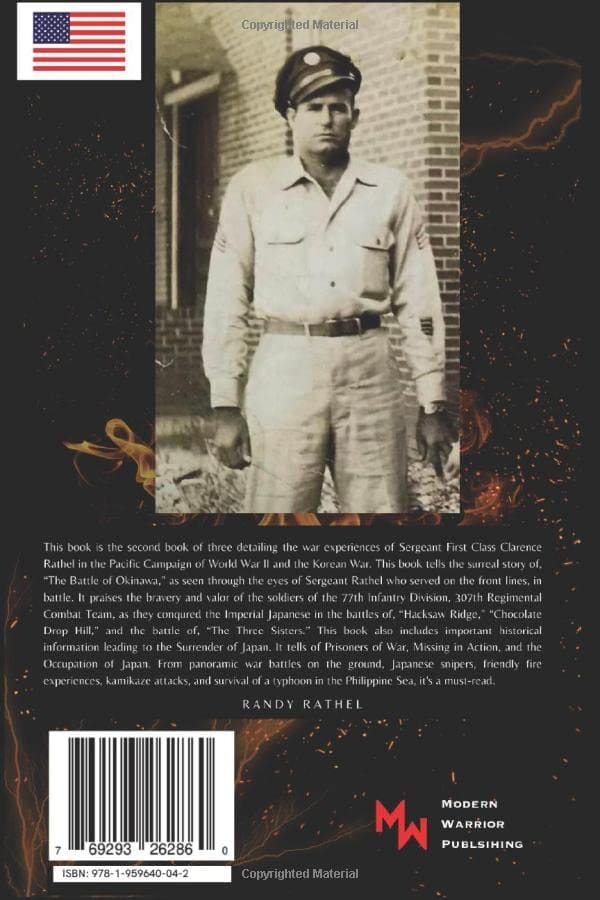 Back cover featuring a man in uniform capturing The Bloody Perils of War: WWII Okinawa on Okinawa.