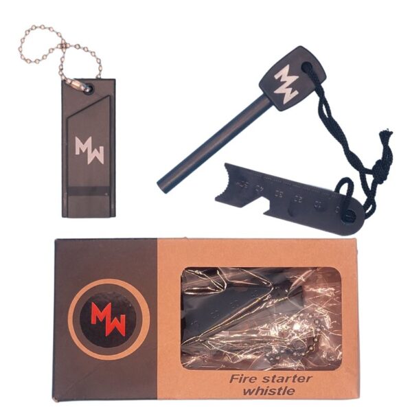 An MW Large Ferro Rod and Emergency Whistle Set firestarter and signal kit with a key chain and a key ring.