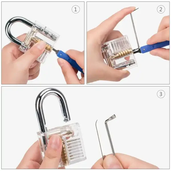 A series of pictures showing how to open a padlock.