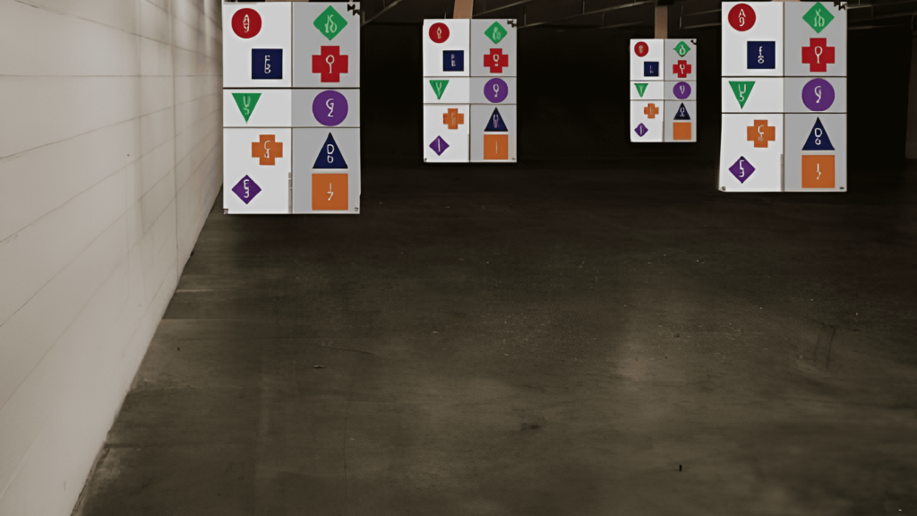 A group of colorful signs featuring paper shooting targets hanging in a room.