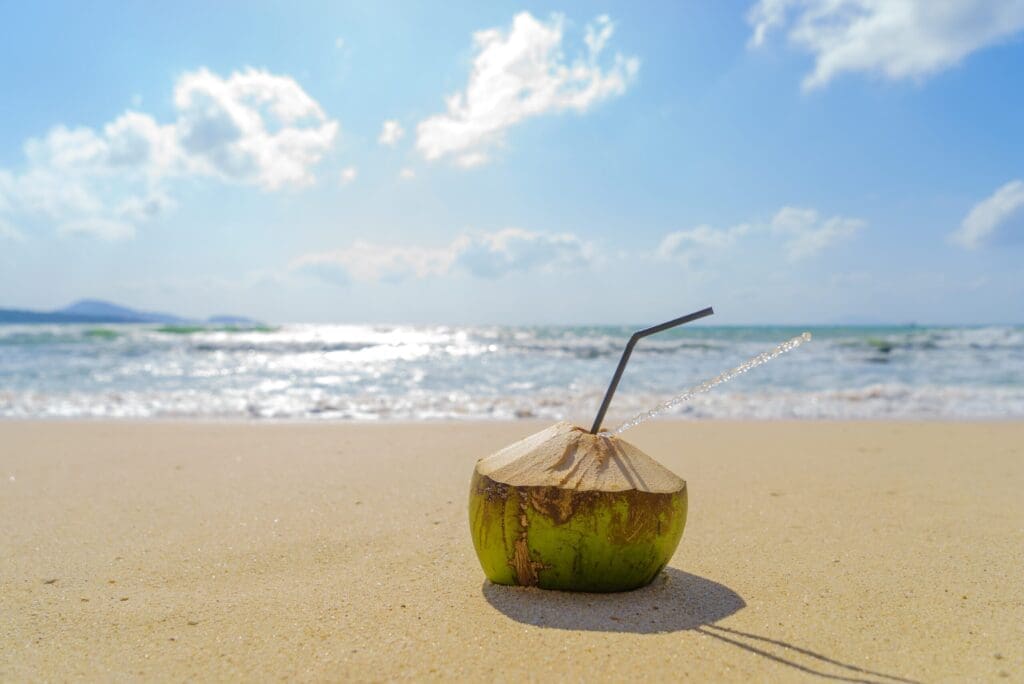 Coconut with drinking straw on beach