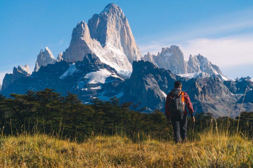 Hiker walking towards the woods against the background of Fitz Roy mountain. Patagonia.