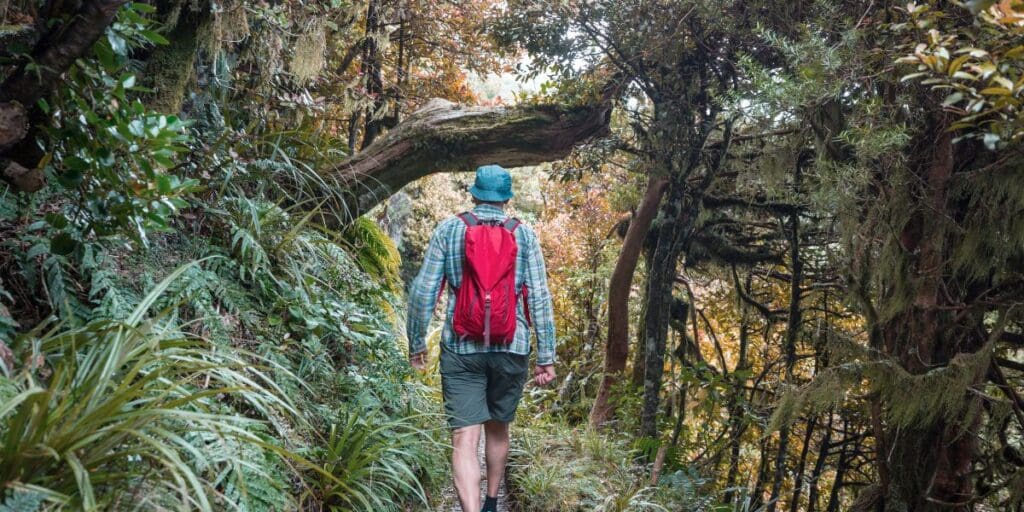 A man hiking through a forest with a backpack.