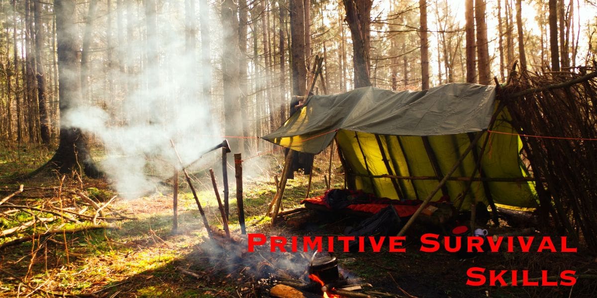 Mastering primitive survival skills in the woods.