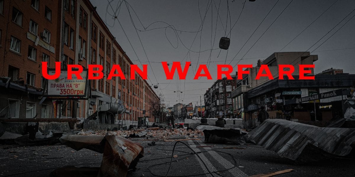 An image of a city with the words urban warfare.