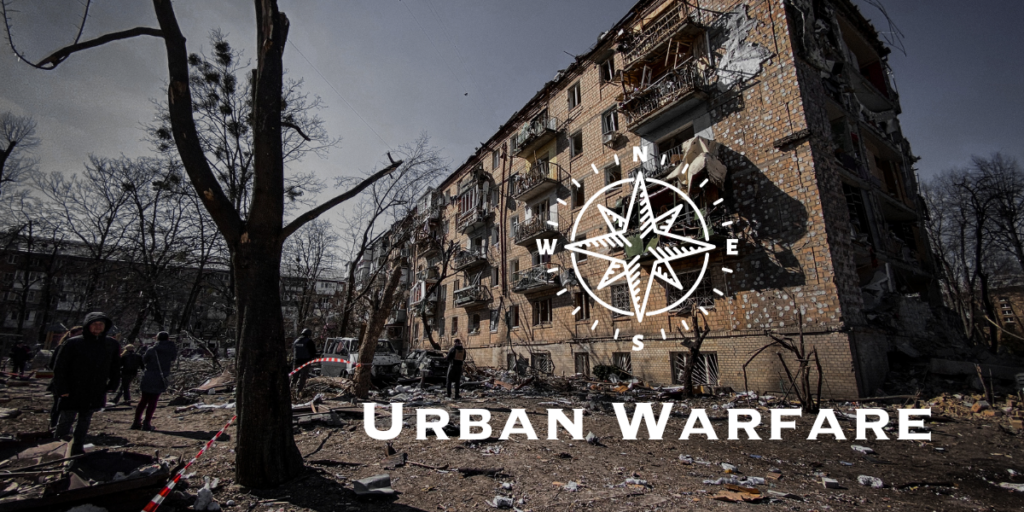 An image of a destroyed building with the words urban warfare.