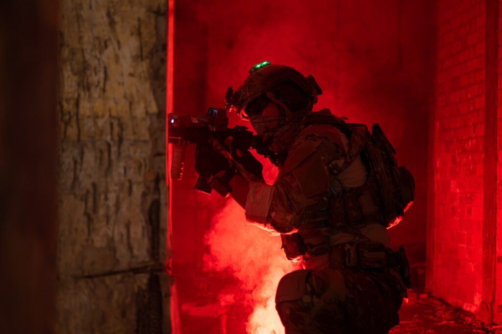 Soldier in anti-terrorist warfare in a dark building, Anti-terrorist operation training