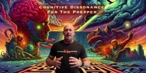 A man standing in front of a maze with the words cognitive dissonance for the prepper.
