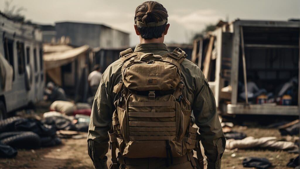 A man with a backpack, surviving in a dangerous world.