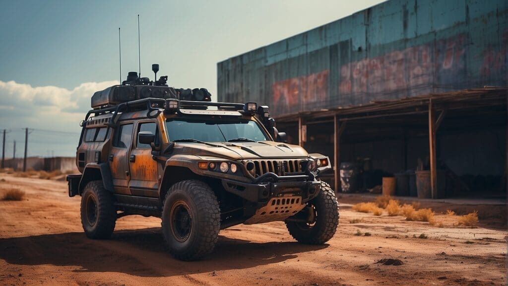 A hummer humvee parked on a dirt road in a Dangerous World.