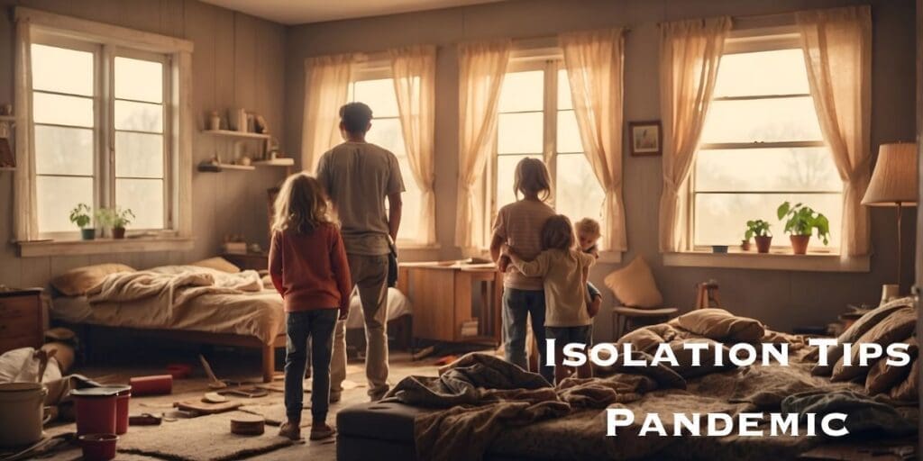 A family standing in a room with the words isolation tips pandemic.