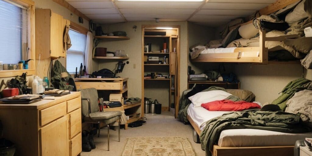 A room with bunk beds and a desk.